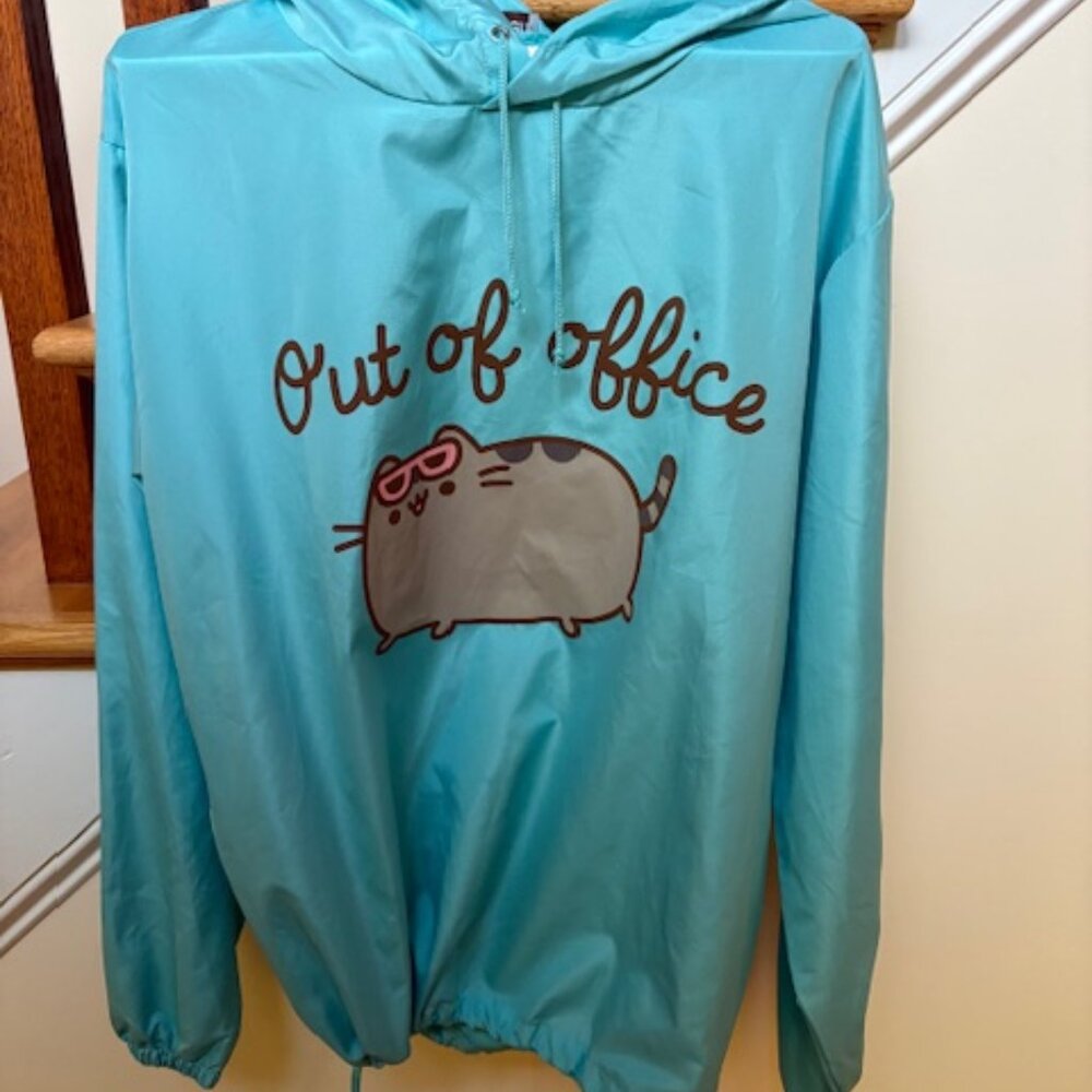 NWOT Unisex Pusheen Cat Out of Office Lightweight Blue Windbreaker Hoodie M/L